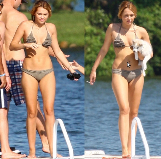 Miley smokes while in a bikini; Butt eats bikini.